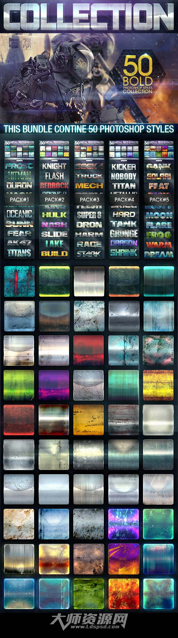50个金属质感的PS图层样式合集：50 Metal Text Effects [Bundle V2]
